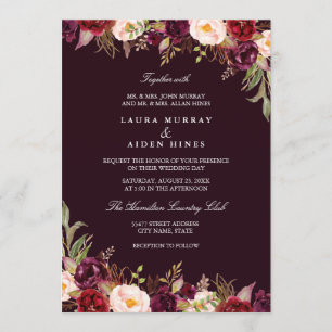 Marsala Burgundy Watercolor Floral Wedding Invitation