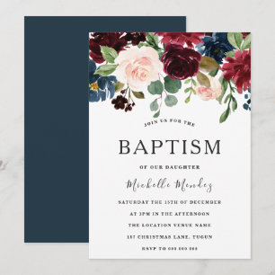 Marsala Burgundy Watercolor Flowers Baptism Invitation