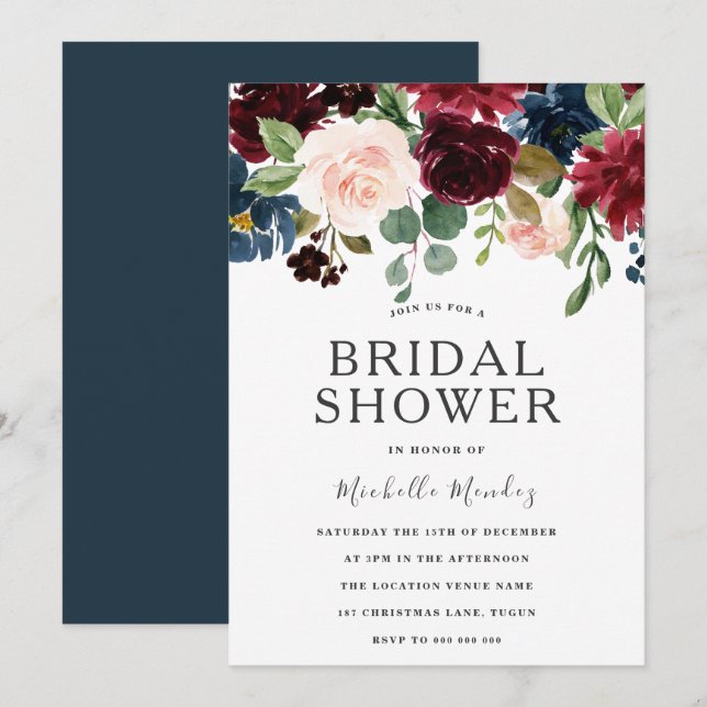 Marsala Burgundy Watercolor Flowers Bridal Shower Invitation (Front/Back)