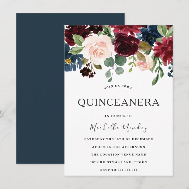 Marsala Burgundy Watercolor Flowers Quinceanera Invitation (Front/Back)