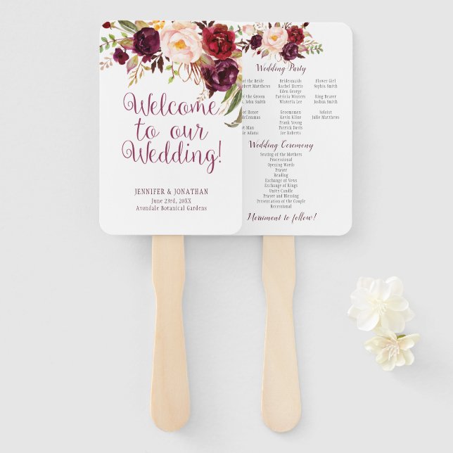 Marsala Burgundy Watercolor Roses Program Fans (Front and Back)