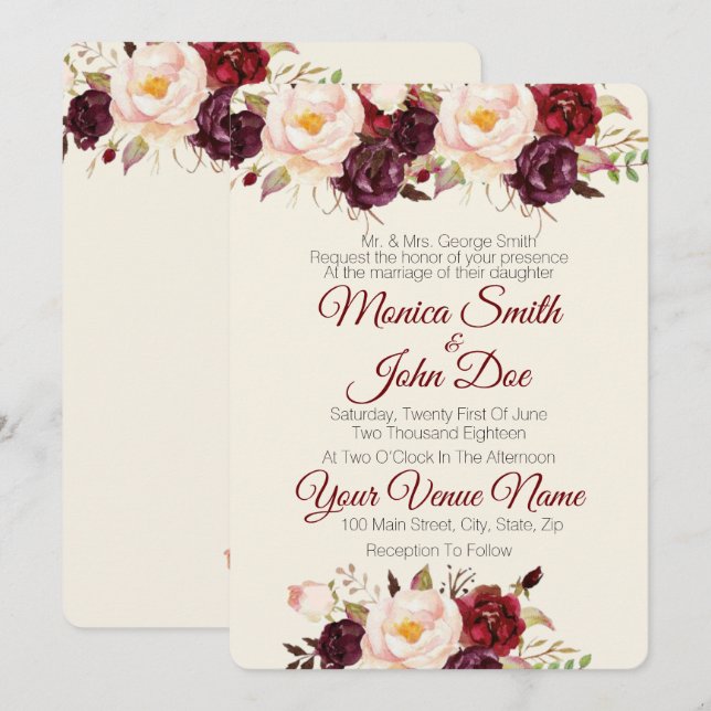 Marsala Burgundy Watercolor Wedding Invitation (Front/Back)