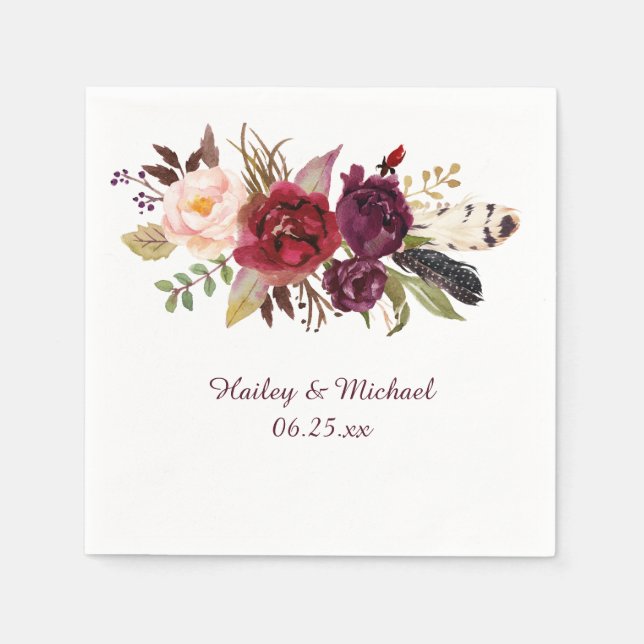 Marsala Burgundy White Roses Feathers Boho Napkin (Front)