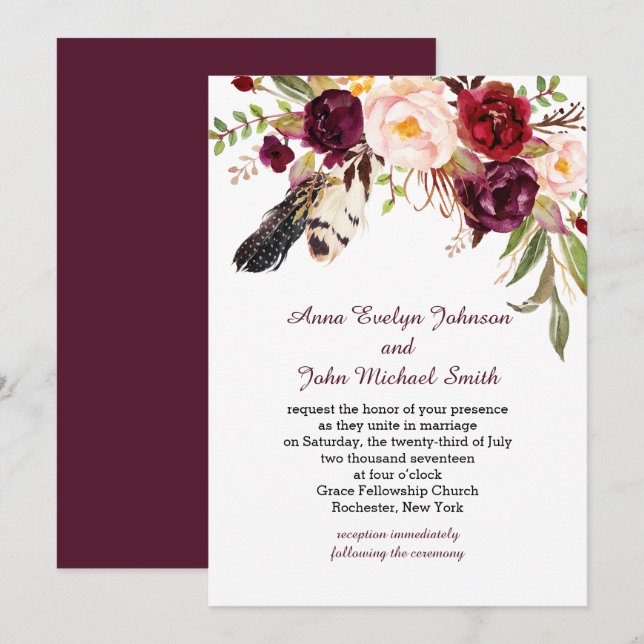 Marsala Burgundy White Roses Feathers Boho Wedding Invitation (Front/Back)