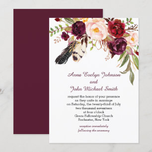Marsala Burgundy White Roses Feathers Boho Wedding Invitation