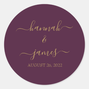 Marsala Burgundy Wine Gold Calligraphy Wedding Classic Round Sticker