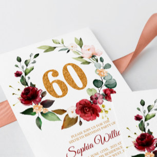 Marsala & Burgundy Wreath 60th Birthday Invitation