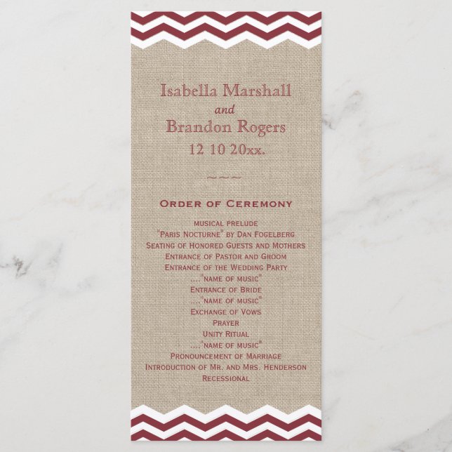Marsala Chevrons on Burlap Wedding Program Programme (Front)
