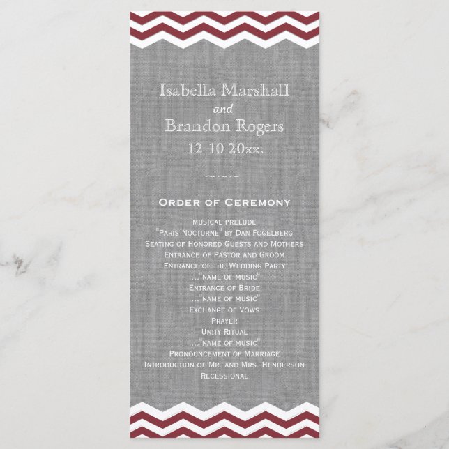 Marsala Chevrons on Grey Wedding Program Programme (Front)