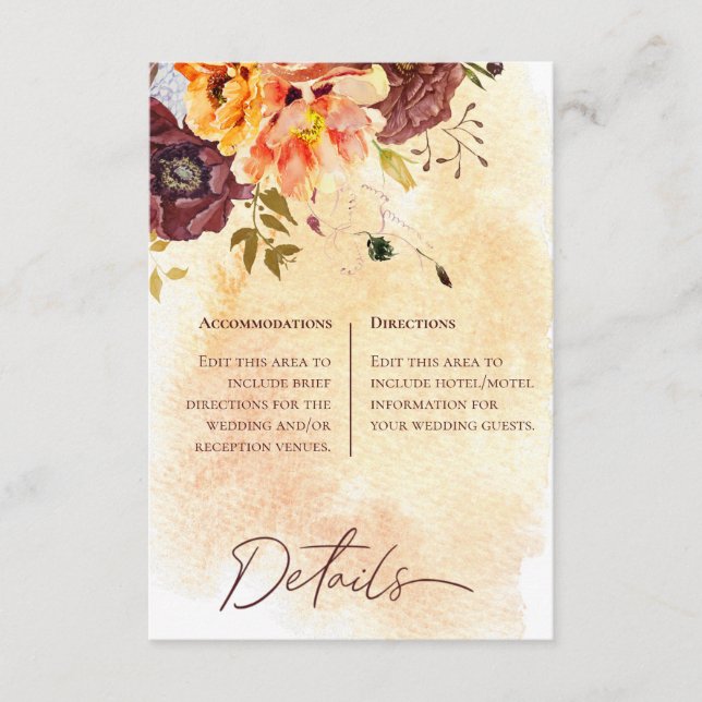 Marsala Clay & Yellow Bouquet Details Wedding Enclosure Card (Front)
