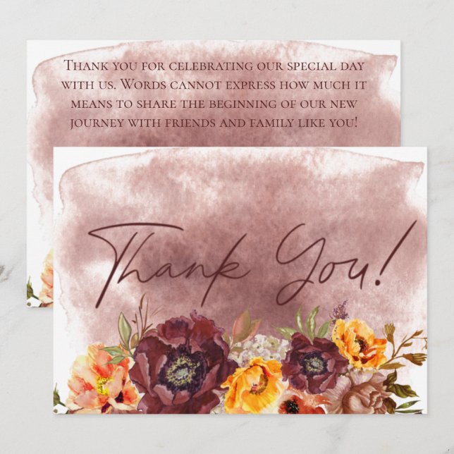 Marsala Clay & Yellow Bouquet Flat Wedding Thank You Card (Front/Back)