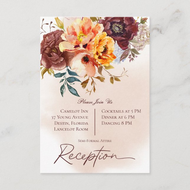 Marsala Clay & Yellow Bouquet Wedding Reception Enclosure Card (Front)