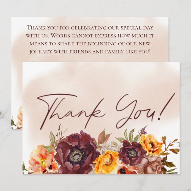 Marsala Clay & Yellow Bouquet Wedding Thank You Card (Front/Back)