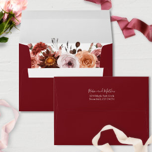 Marsala, Elegant Script, Burgundy Blush Floral Envelope
