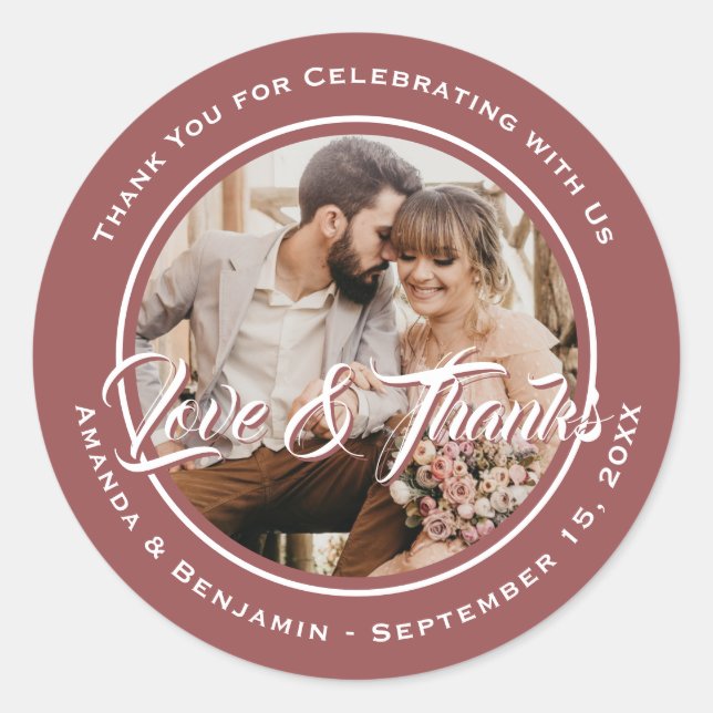Marsala Elegant Thank You Wedding Photo Favour Classic Round Sticker (Front)