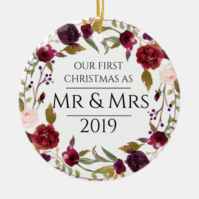 Marsala First Christmas as Mr & Mrs Ceramic Tree Decoration (Front)