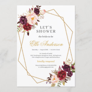 Marsala floral and gold geometric blush pink invitation
