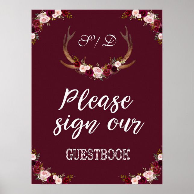 Marsala Floral Antler Burgundy Sign Our Guestbook (Front)