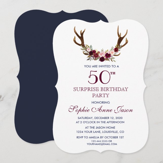 Marsala Floral Antlers Navy 50th Surprize Birthday Invitation (Front/Back)