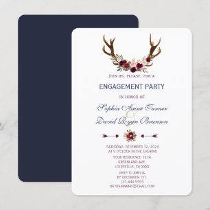 Marsala Floral Antlers Navy Blue Engagement Party Invitation