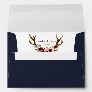 Marsala Floral Antlers Navy Blue Fall Wedding Envelopes