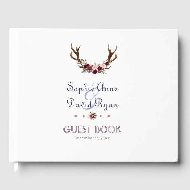 Marsala Floral Antlers Navy Blue Fall Wedding Guest Book (Front)