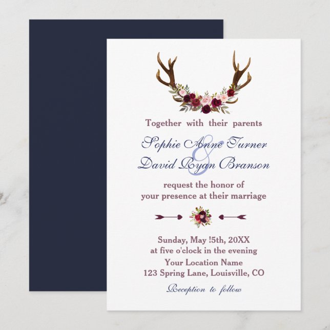 Marsala Floral Antlers Navy Blue Fall Wedding Invitation (Front/Back)