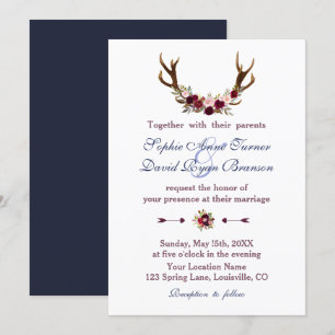 Marsala Floral Antlers Navy Blue Fall Wedding Invitation