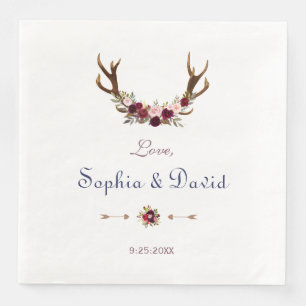 Marsala Floral Antlers Navy Blue Fall Wedding Napkin