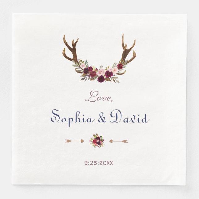 Marsala Floral Antlers Navy Blue Fall Wedding Napkin (Front)