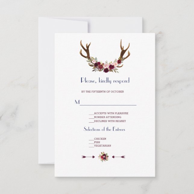 Marsala Floral Antlers Navy Blue Fall Wedding RSVP (Front)