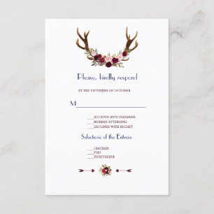 Marsala Floral Antlers Navy Blue Fall Wedding RSVP Card