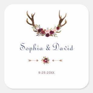 Marsala Floral Antlers Navy Blue Fall Wedding Square Sticker