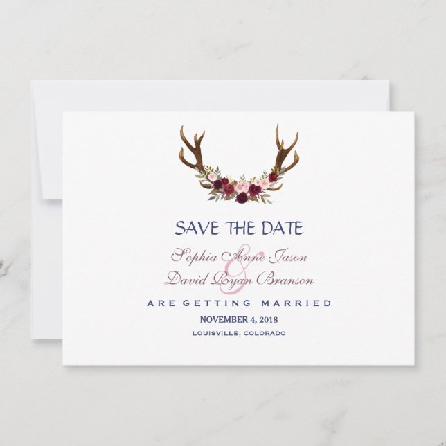 Marsala Floral Antlers Navy Blue Save The Date (Front)