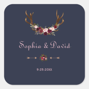 Marsala Floral Antlers Navy Blue Winter Wedding Square Sticker