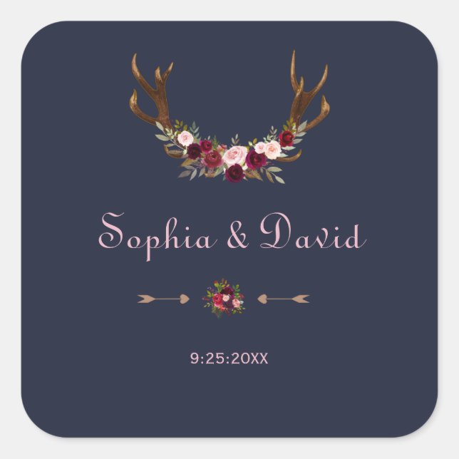 Marsala Floral Antlers Navy Blue Winter Wedding Square Sticker (Front)