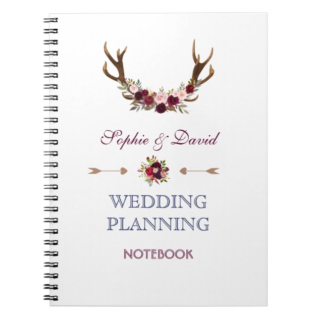 Marsala Floral Antlers Navy Wedding Planner Notebook (Front)