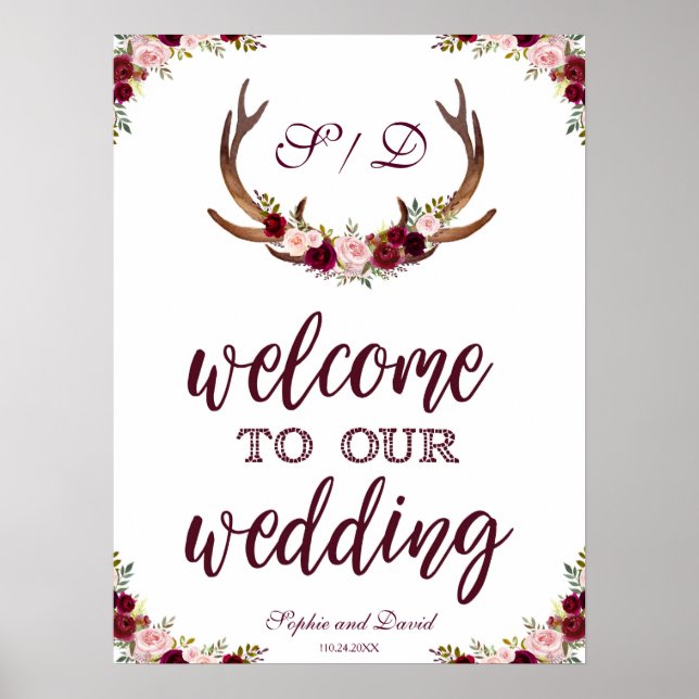 Marsala Floral Antlers Welcome To Our Wedding Sign (Front)