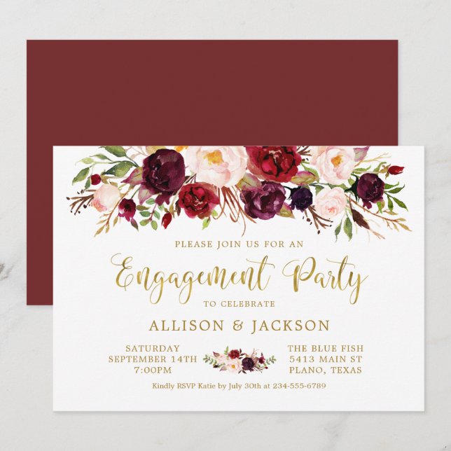 Marsala Floral Autumn Gold Engagement Party Card (Front/Back)