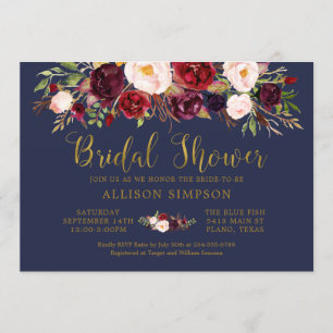 Marsala Floral Autumn Navy Bridal Shower Card