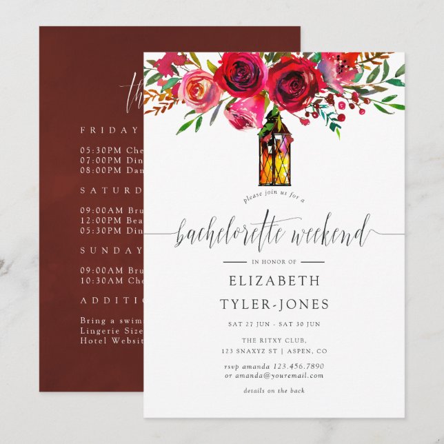 Marsala Floral Bachelorette Weekend Itinerary Invitation (Front/Back)