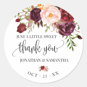 Marsala floral boho chic wedding thank you classic round sticker
