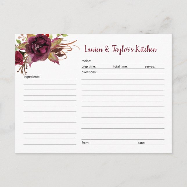 Marsala floral bridal shower recipe cards (Front)
