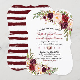 Marsala Floral Burgundy Stripes Wedding Invitation