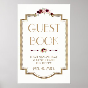Marsala Floral Gold Fall Wedding Guest Book Sign