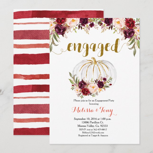 Marsala Floral Gold Glitter engagement party Invitation (Front/Back)