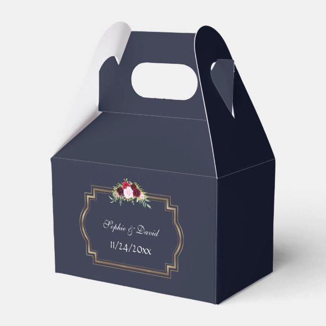Marsala Floral Gold Navy Blue Fall Wedding Favour Box (Front Side)