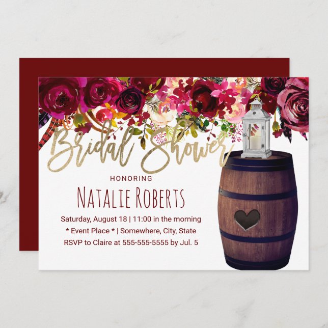 Marsala Floral Lantern Wine Barrel Bridal Shower Invitation (Front/Back)