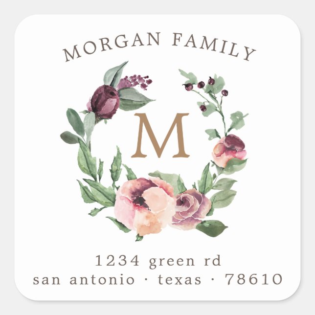 marsala floral monogram return address square sticker (Front)