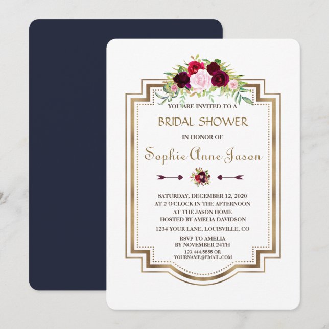 Marsala Floral Navy Blue Gold Fall Bridal Shower Invitation (Front/Back)